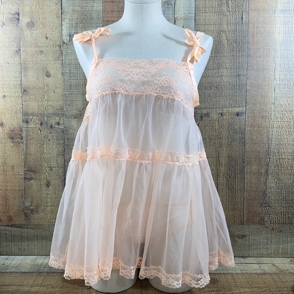Vintage Orange Lace 2 PC Babydoll Nighty Womens Lingerie Set Sheer